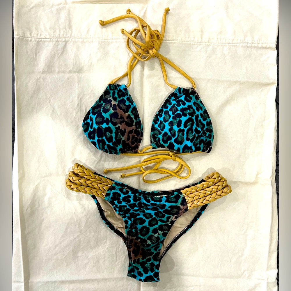Women’s Teal & Gold Leopard Print Two Piece Swimsuit